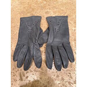 Vintage Gray Leather Gloves With Eyelet Detailing